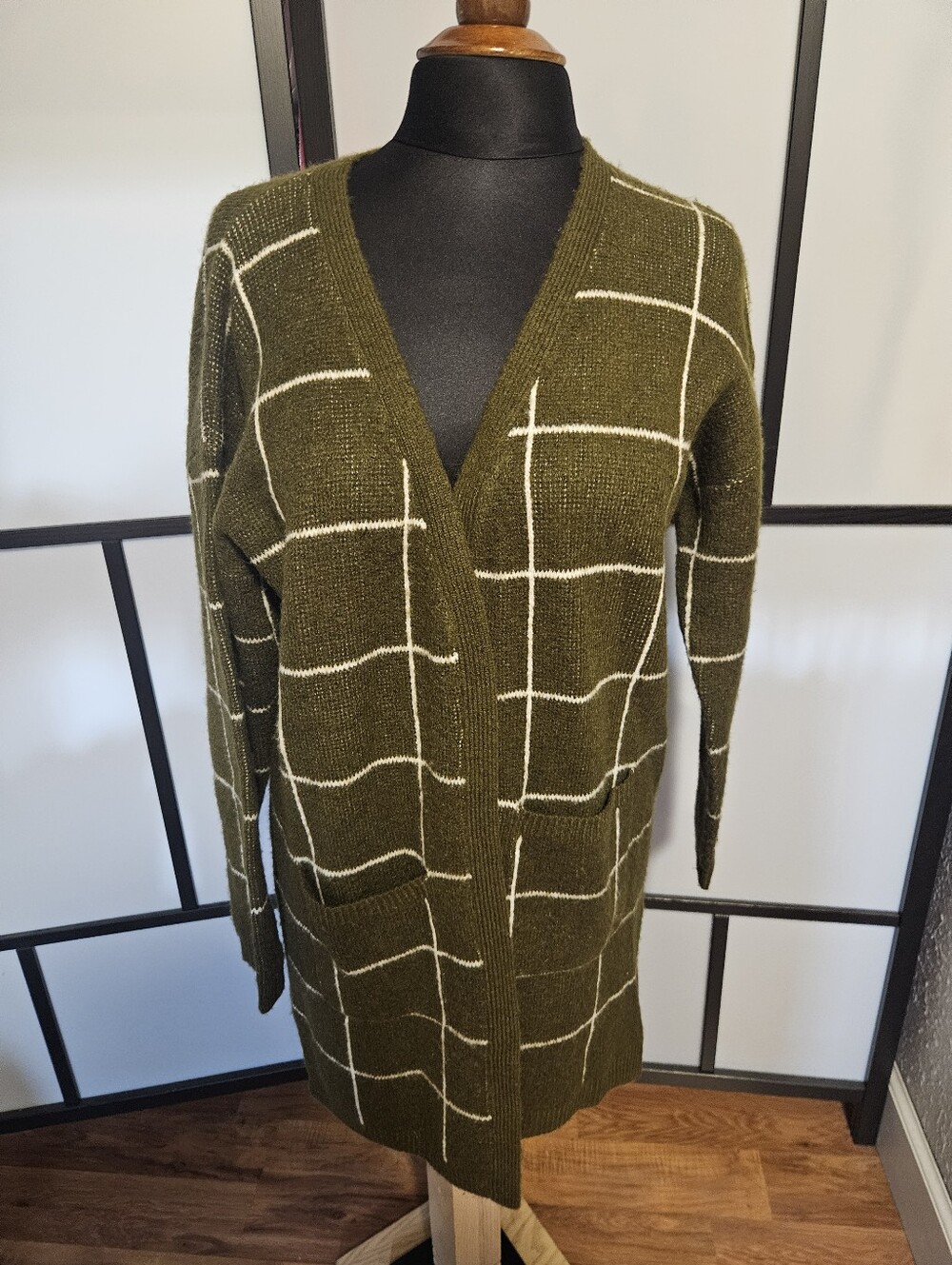 Paper Crane Olive Green Windowpane Open-Front Sweater Cardigan - Soft
